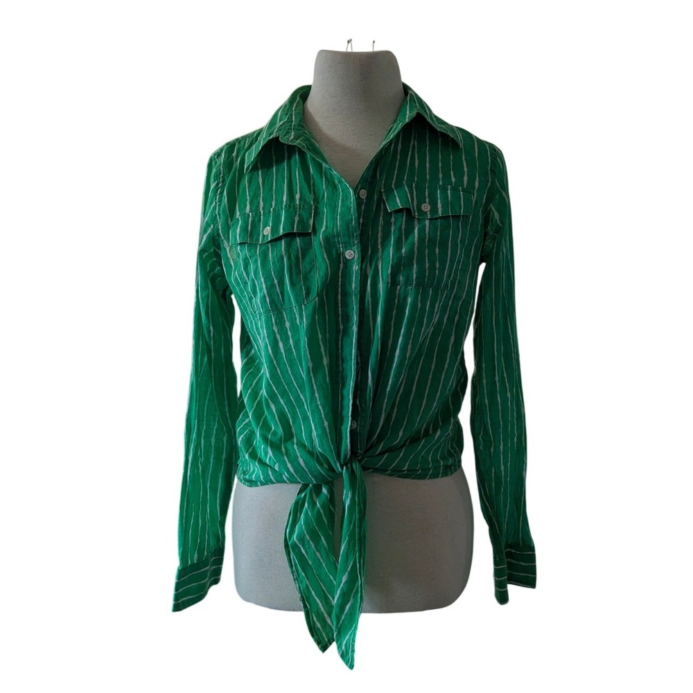 Green White Striped Tie Front Button Down Long Sleeve Shirt Womens Small